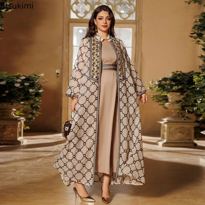 Muslim Dresses 2 Piece Sets for Women Moroccan Kaftan Embroidery Jalabiya Ramadan Dubai Open Abayas Islam Vestidos Cardigan Robe