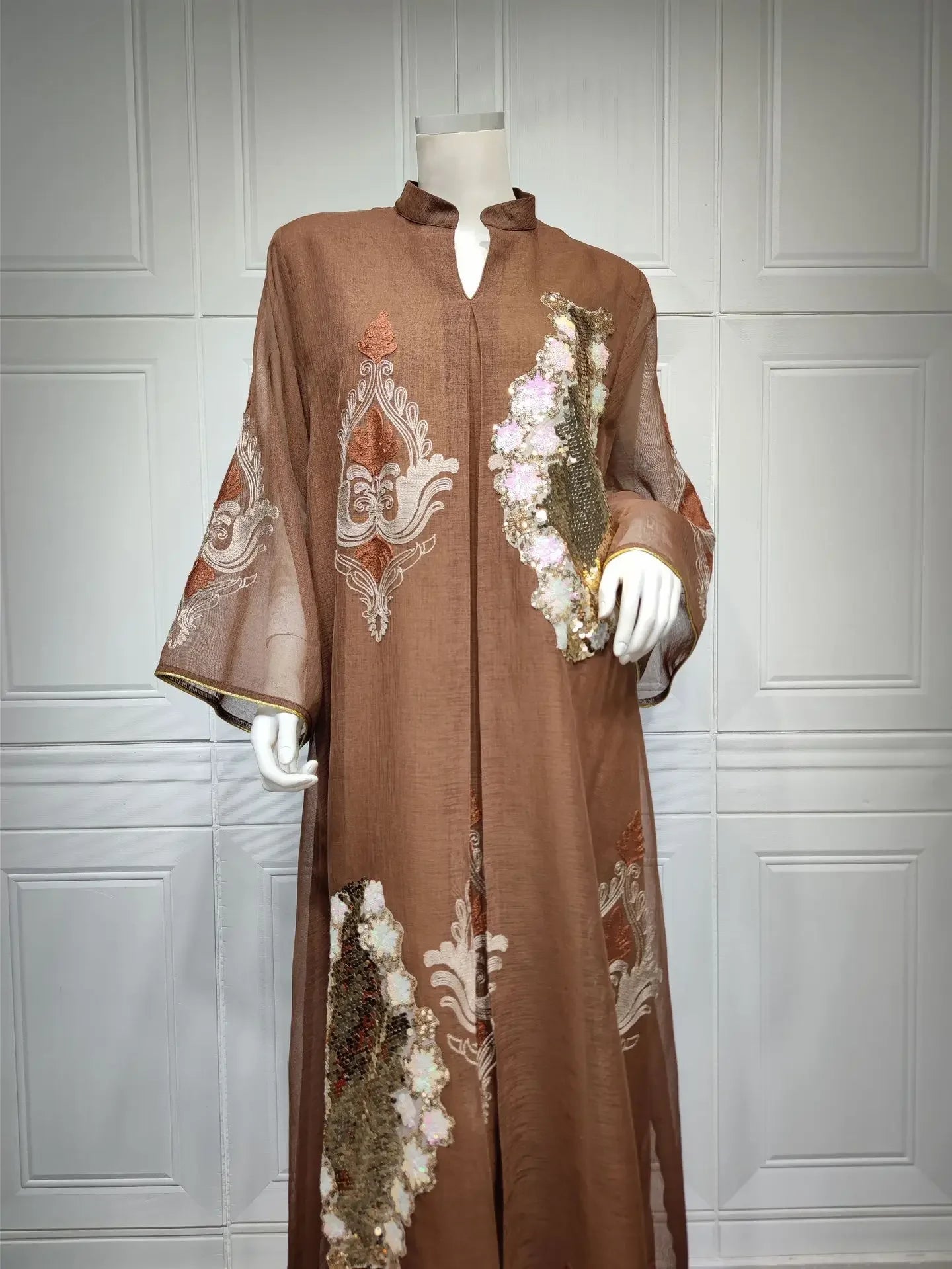 Kaftan Muslim Abaya Clothes for Muslim Women Summer Fashion Muslim Women Long Sleeve V-neck Sequin Long Maxi Dress Dubai Abaya