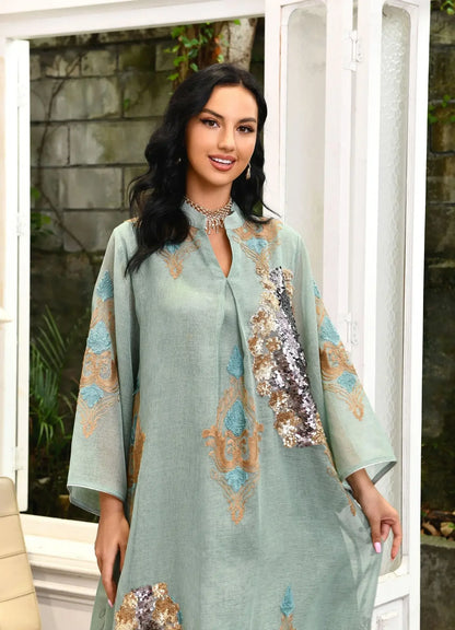 Kaftan Muslim Abaya Clothes for Muslim Women Summer Fashion Muslim Women Long Sleeve V-neck Sequin Long Maxi Dress Dubai Abaya