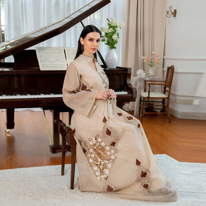 Kaftan Muslim Abaya Clothes for Muslim Women Summer Fashion Muslim Women Long Sleeve V-neck Sequin Long Maxi Dress Dubai Abaya