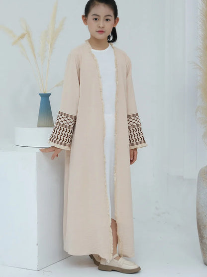 Muslim Kids girls Luxury Dubai Abaya Kimono Cardigan Embroidery tassels Long Dress Ramadan Robe Kaftan Femme Islam Clothing