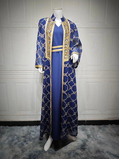 Muslim Dresses 2 Piece Sets for Women Moroccan Kaftan Embroidery Jalabiya Ramadan Dubai Open Abayas Islam Vestidos Cardigan Robe