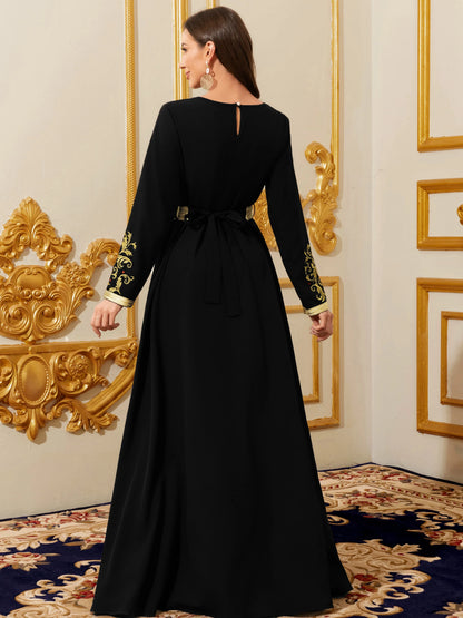 Elegant Muslim Dress with Gold Embroidered Evening Gown, Traditional Islamic Attire