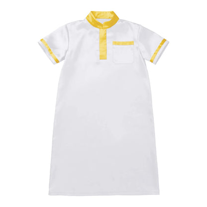 Muslim Baby Boys Robe Ramadan Eid Abaya Stand Collar Short Sleeve Satin Dress Gown with Pocket Arabic Islamic Dubai Kaftan Thobe