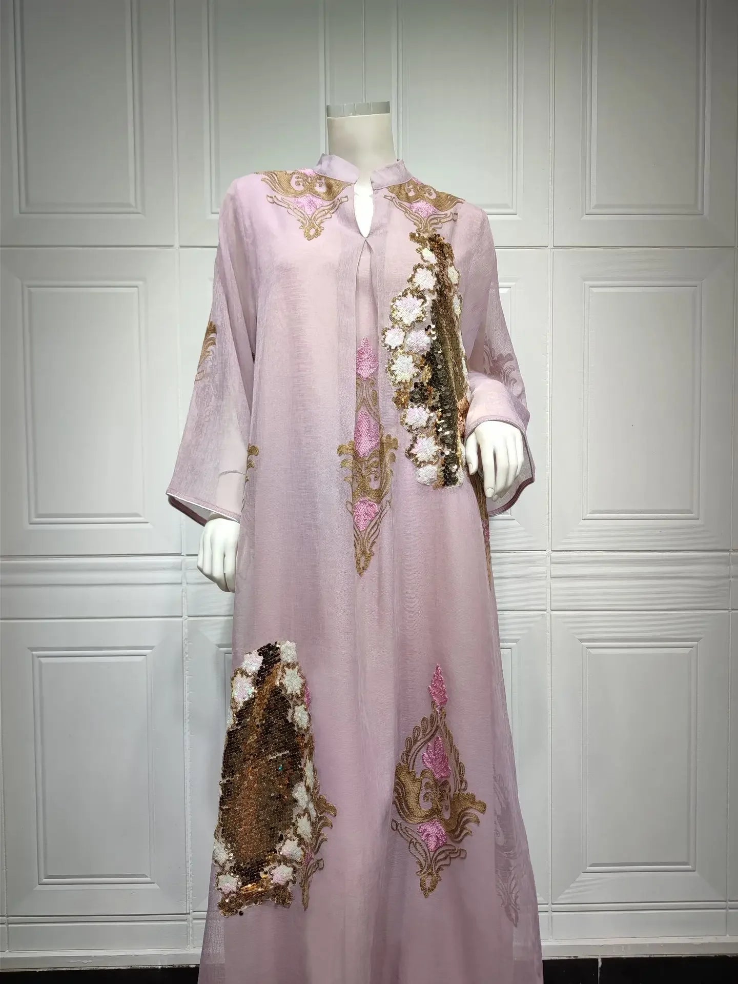 Kaftan Muslim Abaya Clothes for Muslim Women Summer Fashion Muslim Women Long Sleeve V-neck Sequin Long Maxi Dress Dubai Abaya