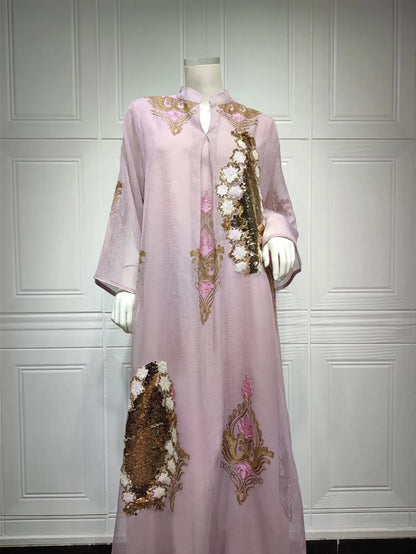 Kaftan Muslim Abaya Clothes for Muslim Women Summer Fashion Muslim Women Long Sleeve V-neck Sequin Long Maxi Dress Dubai Abaya