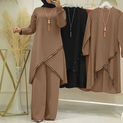 Muslim Two-Piece Set for Women, Long Sleeved Shirt, O-Neck Shirt, Wide Leg Pants, Casual, Luxury, Spring and Autumn