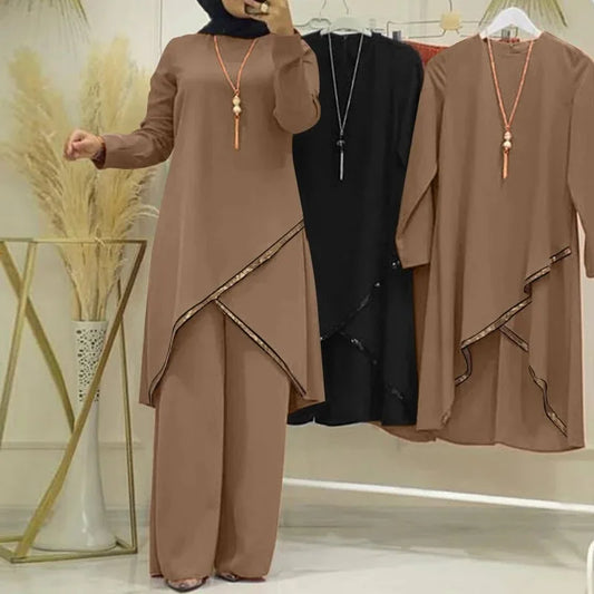 Muslim Two-Piece Set for Women, Long Sleeved Shirt, O-Neck Shirt, Wide Leg Pants, Casual, Luxury, Spring and Autumn