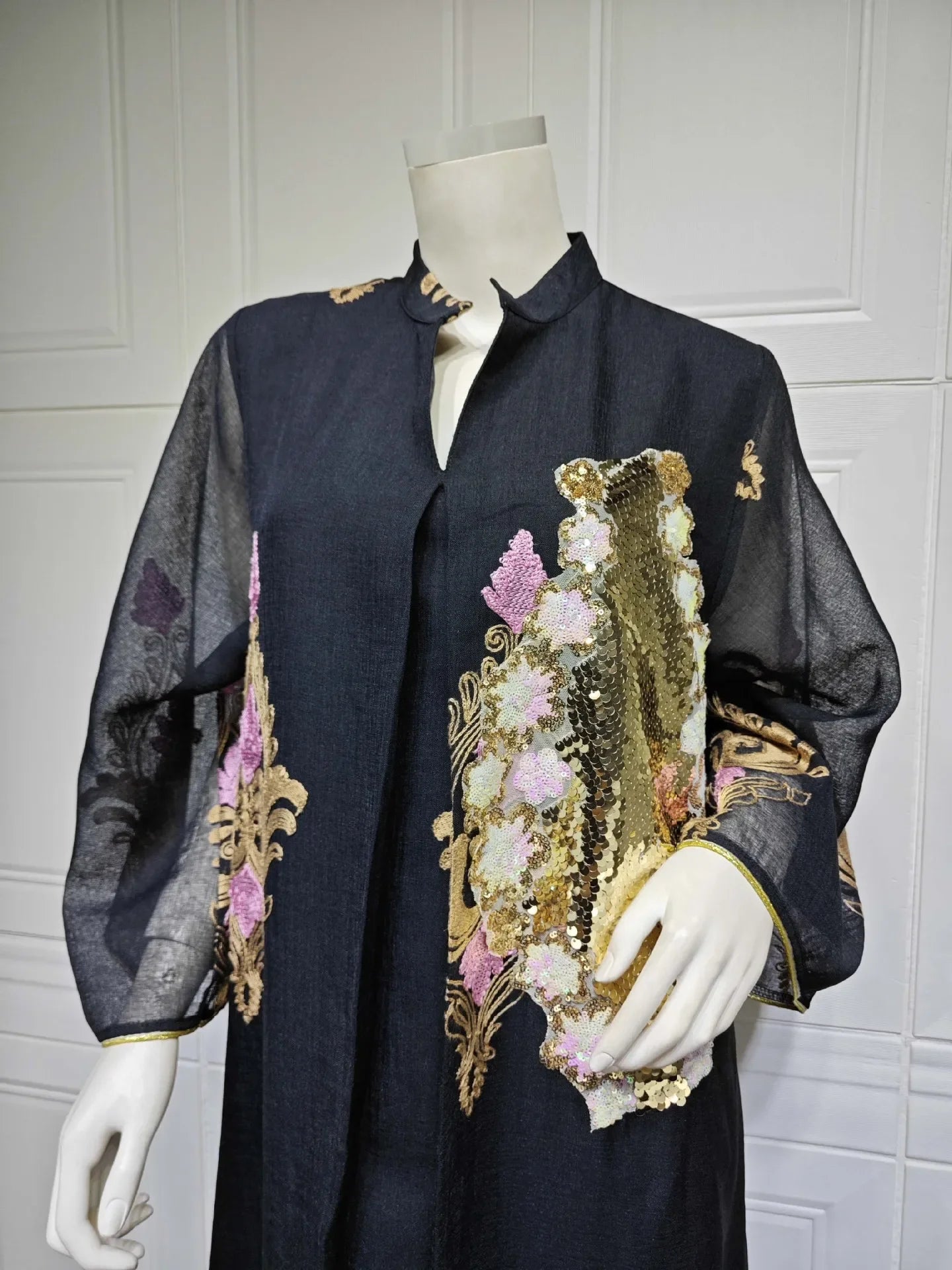 Kaftan Muslim Abaya Clothes for Muslim Women Summer Fashion Muslim Women Long Sleeve V-neck Sequin Long Maxi Dress Dubai Abaya