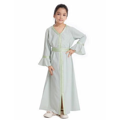 Muslim Kids Girls Maxi Dress Ramadan Eid Djellaba Dubai Abaya Turkey Kaftan Islamic Clothing Arabic Robe Children Prayer Gown