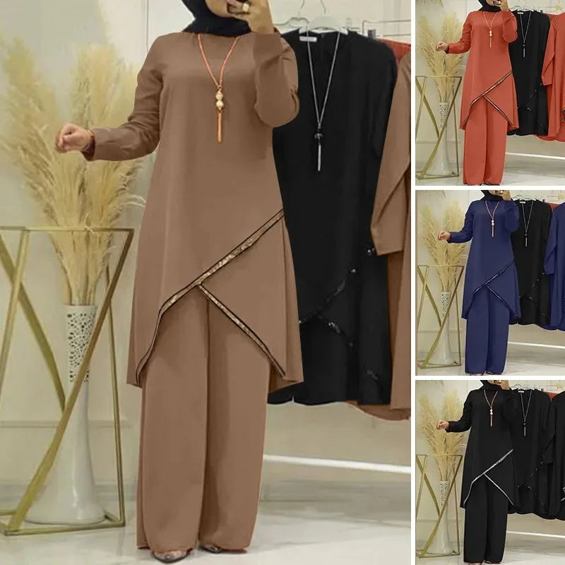 Muslim Two-Piece Set for Women, Long Sleeved Shirt, O-Neck Shirt, Wide Leg Pants, Casual, Luxury, Spring and Autumn