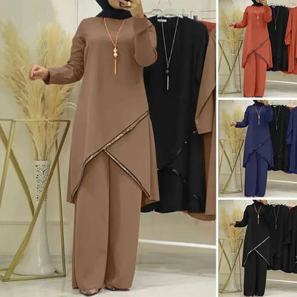 Muslim Two-Piece Set for Women, Long Sleeved Shirt, O-Neck Shirt, Wide Leg Pants, Casual, Luxury, Spring and Autumn