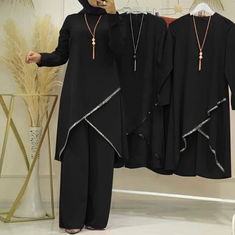 Muslim Two-Piece Set for Women, Long Sleeved Shirt, O-Neck Shirt, Wide Leg Pants, Casual, Luxury, Spring and Autumn