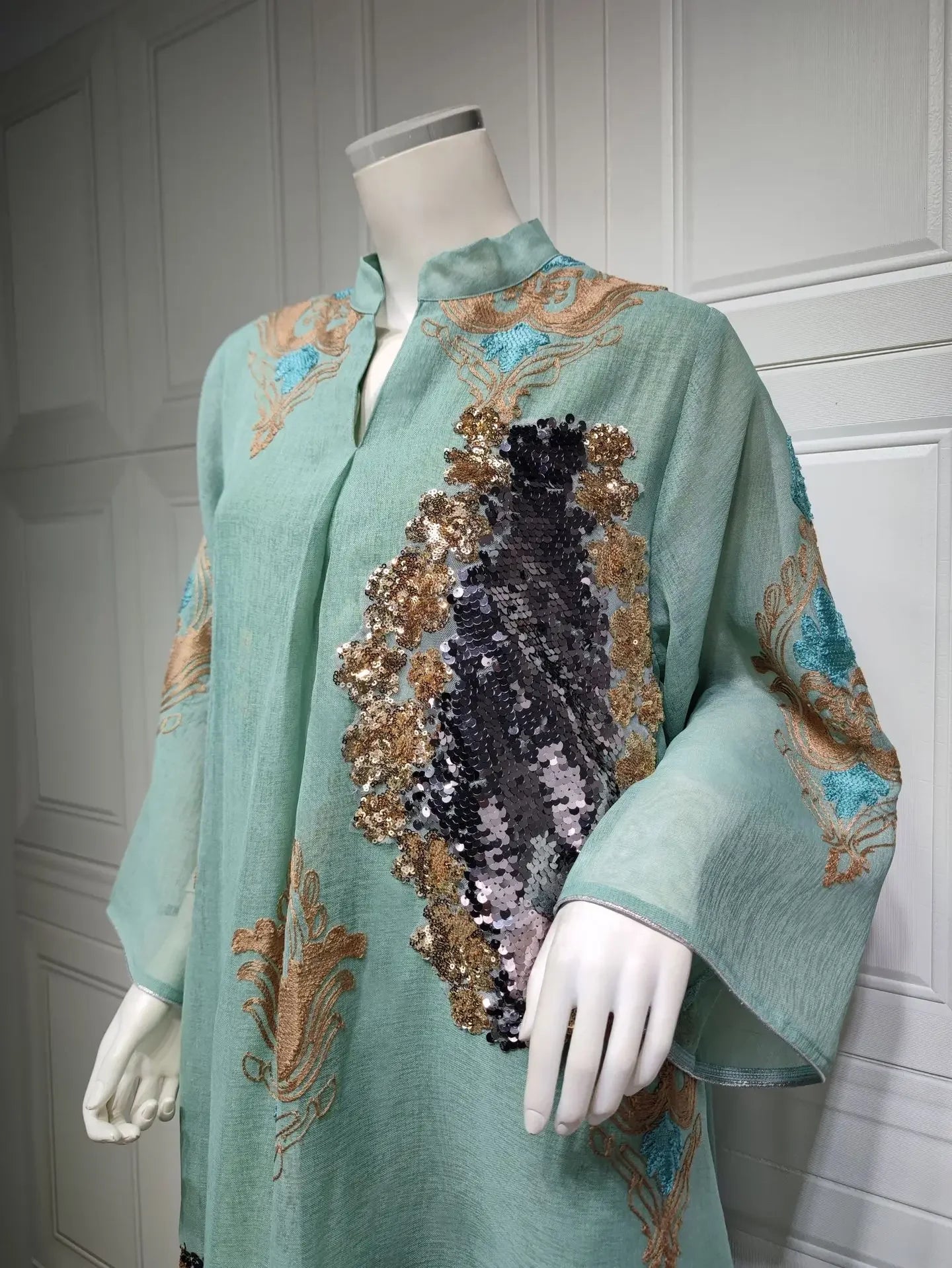 Kaftan Muslim Abaya Clothes for Muslim Women Summer Fashion Muslim Women Long Sleeve V-neck Sequin Long Maxi Dress Dubai Abaya