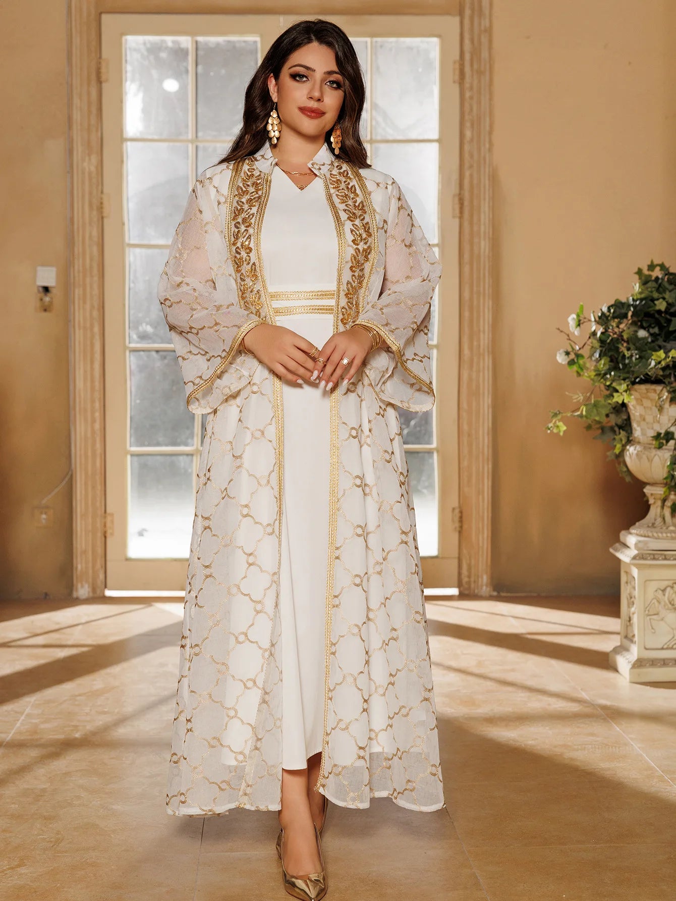 Muslim Dresses 2 Piece Sets for Women Moroccan Kaftan Embroidery Jalabiya Ramadan Dubai Open Abayas Islam Vestidos Cardigan Robe