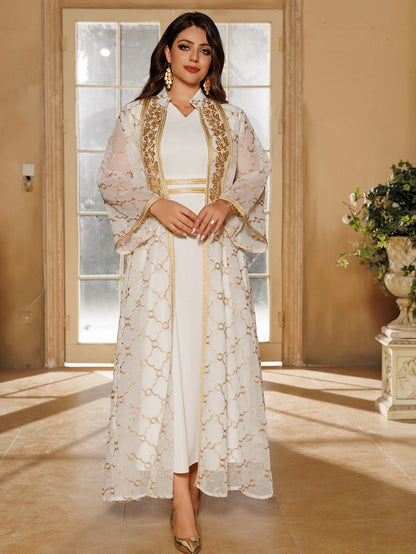 Muslim Dresses 2 Piece Sets for Women Moroccan Kaftan Embroidery Jalabiya Ramadan Dubai Open Abayas Islam Vestidos Cardigan Robe
