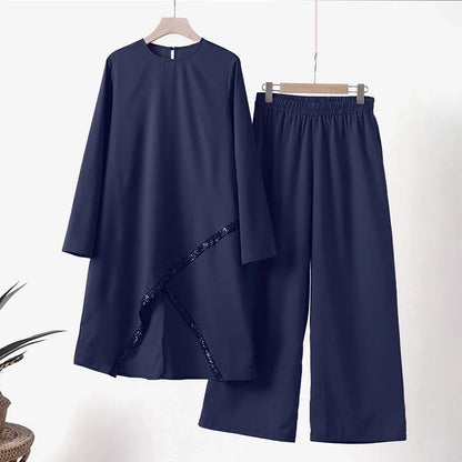 Muslim Two-Piece Set for Women, Long Sleeved Shirt, O-Neck Shirt, Wide Leg Pants, Casual, Luxury, Spring and Autumn