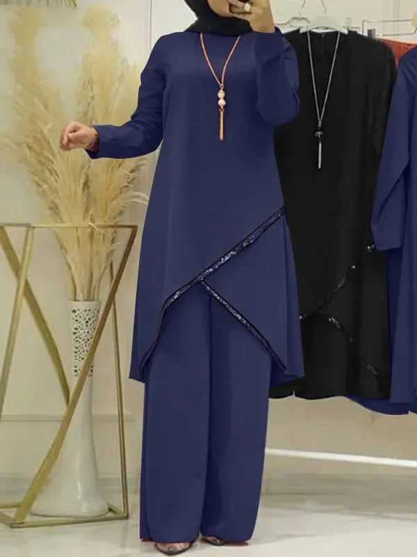 Muslim Two-Piece Set for Women, Long Sleeved Shirt, O-Neck Shirt, Wide Leg Pants, Casual, Luxury, Spring and Autumn