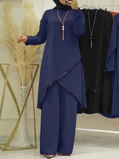 Muslim Two-Piece Set for Women, Long Sleeved Shirt, O-Neck Shirt, Wide Leg Pants, Casual, Luxury, Spring and Autumn
