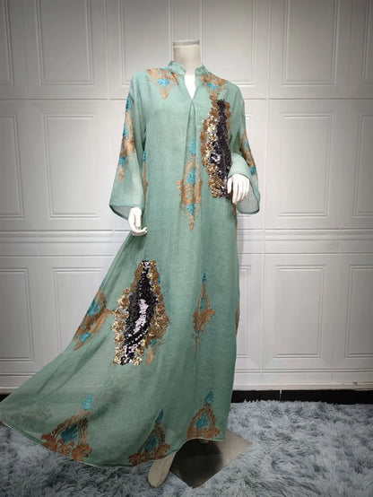 Kaftan Muslim Abaya Clothes for Muslim Women Summer Fashion Muslim Women Long Sleeve V-neck Sequin Long Maxi Dress Dubai Abaya