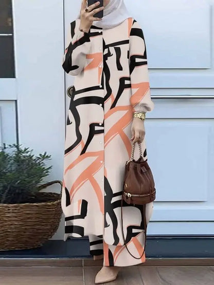 Women Muslim Matching Sets Retro Floral Print Long-style Shirt & Wide Leg Pants Sets Fashion Muslim Female Suit Dubai Tracksuits