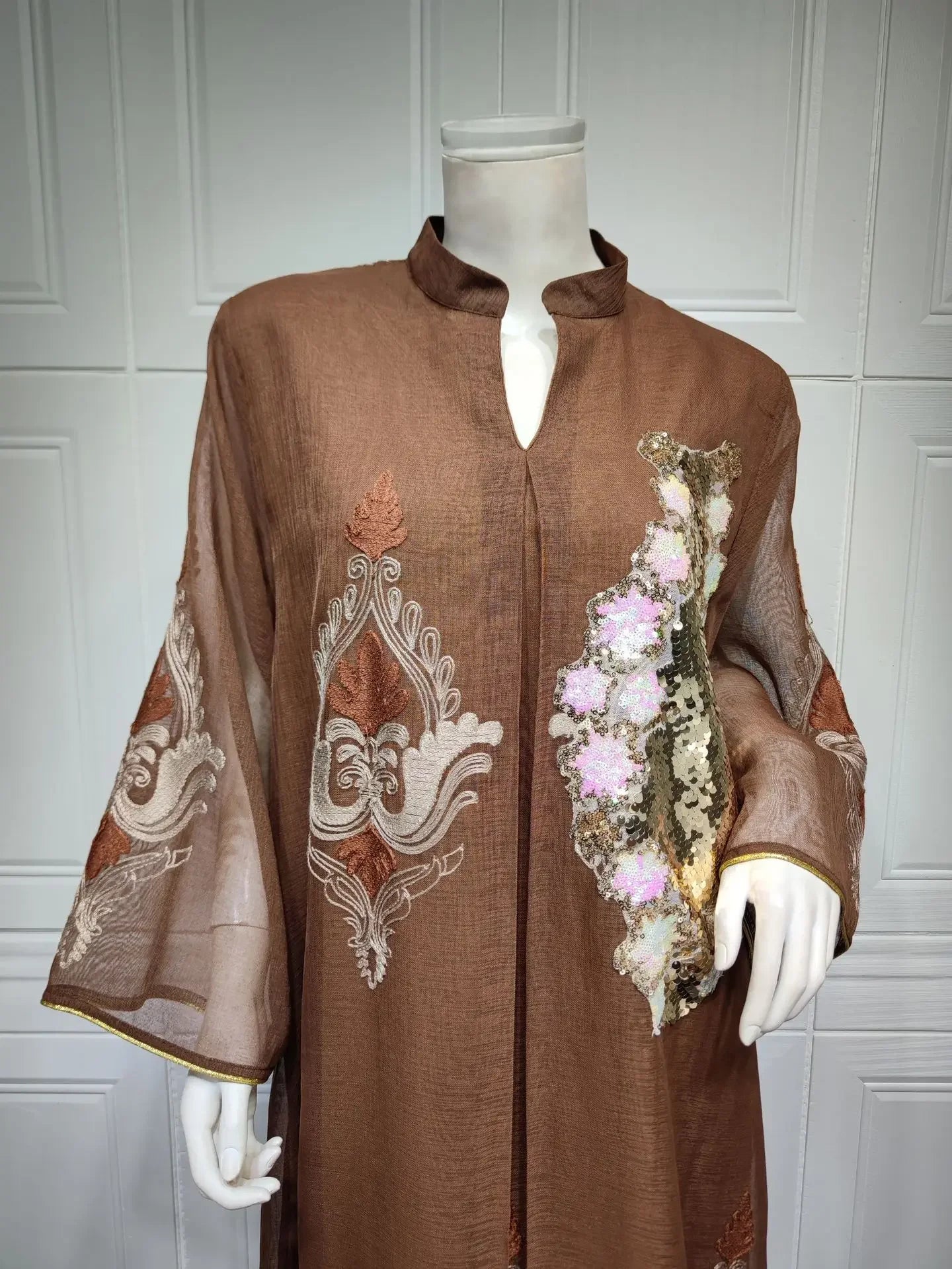 Kaftan Muslim Abaya Clothes for Muslim Women Summer Fashion Muslim Women Long Sleeve V-neck Sequin Long Maxi Dress Dubai Abaya
