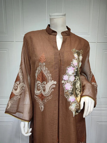 Kaftan Muslim Abaya Clothes for Muslim Women Summer Fashion Muslim Women Long Sleeve V-neck Sequin Long Maxi Dress Dubai Abaya