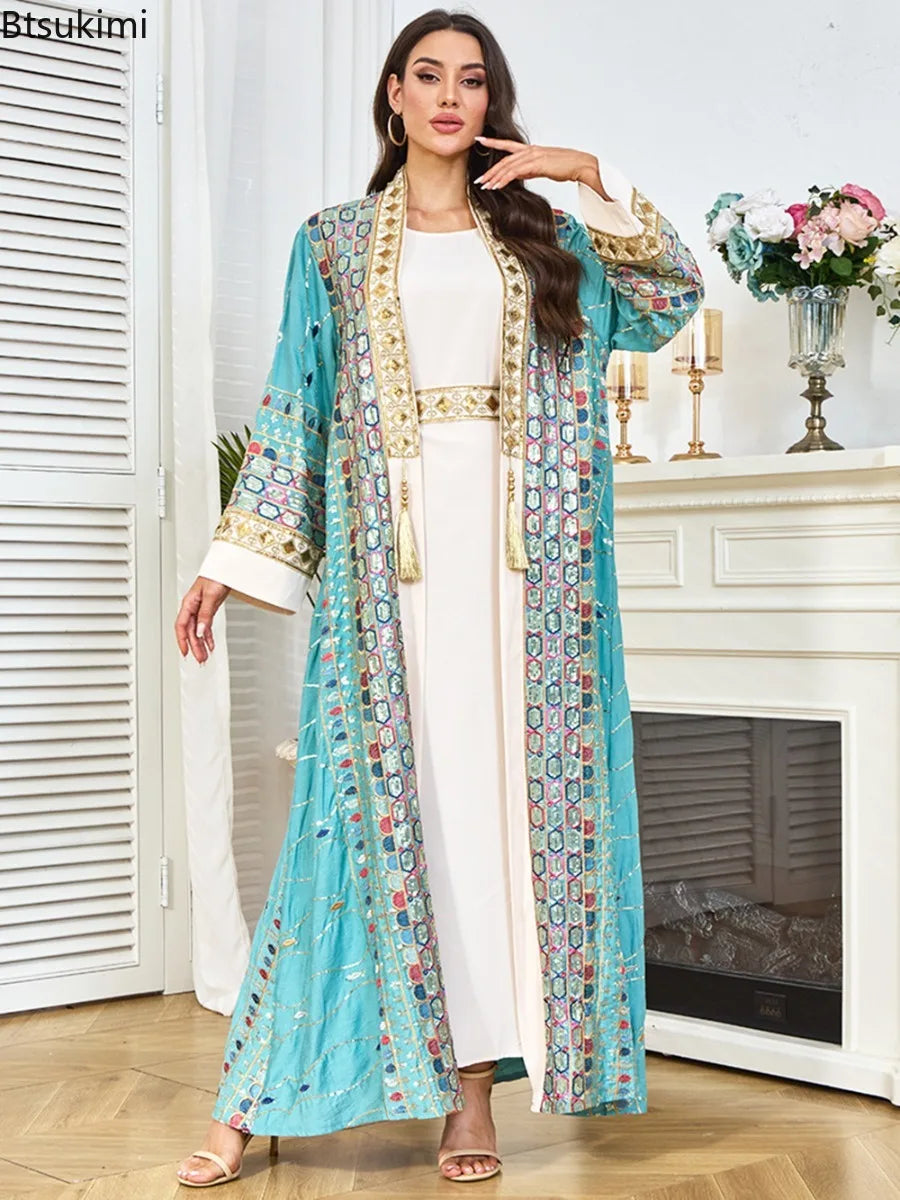 Muslim Two Piece Sets Women Clothing Prom Dresses Fashion Colorful Embroidery Abaya Turkish Kaftan Robe Women Prayer Dress Sets