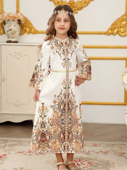 Muslim Kids Girls Festive Embroidery White Dress For Children Communion Ramadan Skirt Eid Prayer Garment Abaya Robe Kaftan Gown