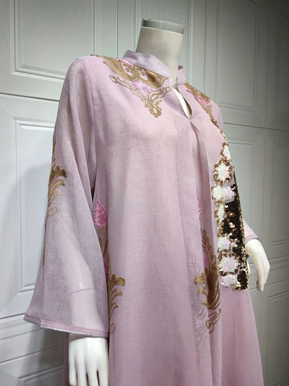 Kaftan Muslim Abaya Clothes for Muslim Women Summer Fashion Muslim Women Long Sleeve V-neck Sequin Long Maxi Dress Dubai Abaya