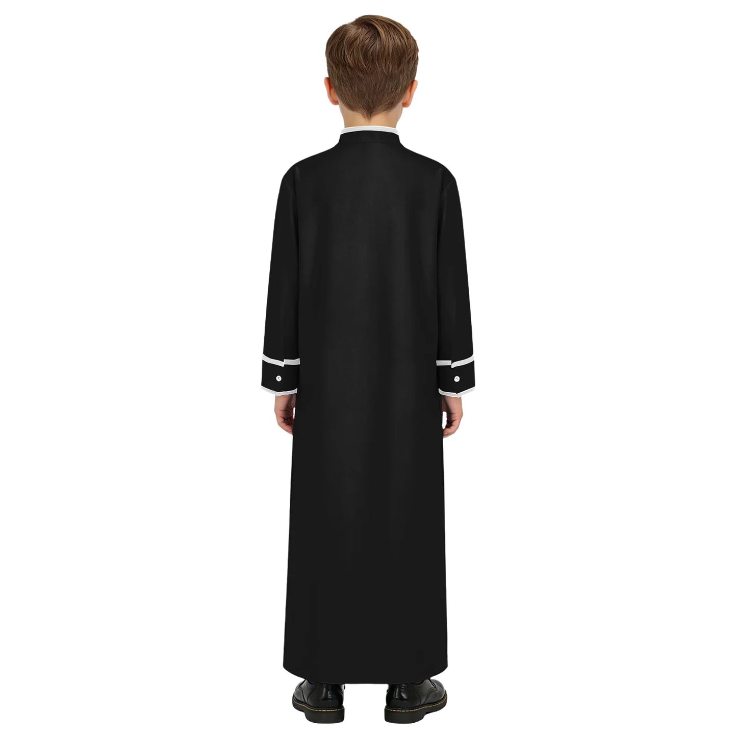 Kids Boys Muslim Thobe Arabic Middle East Loose Kaftan Long Sleeve Stand Collar Pocket Maxi Robe Casual Muslim Child Clothes