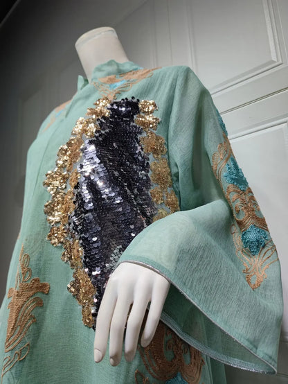 Kaftan Muslim Abaya Clothes for Muslim Women Summer Fashion Muslim Women Long Sleeve V-neck Sequin Long Maxi Dress Dubai Abaya
