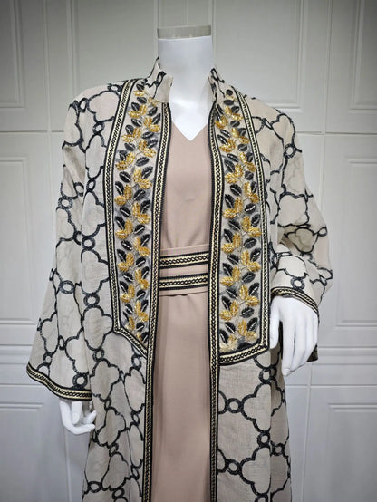 Muslim Dresses 2 Piece Sets for Women Moroccan Kaftan Embroidery Jalabiya Ramadan Dubai Open Abayas Islam Vestidos Cardigan Robe