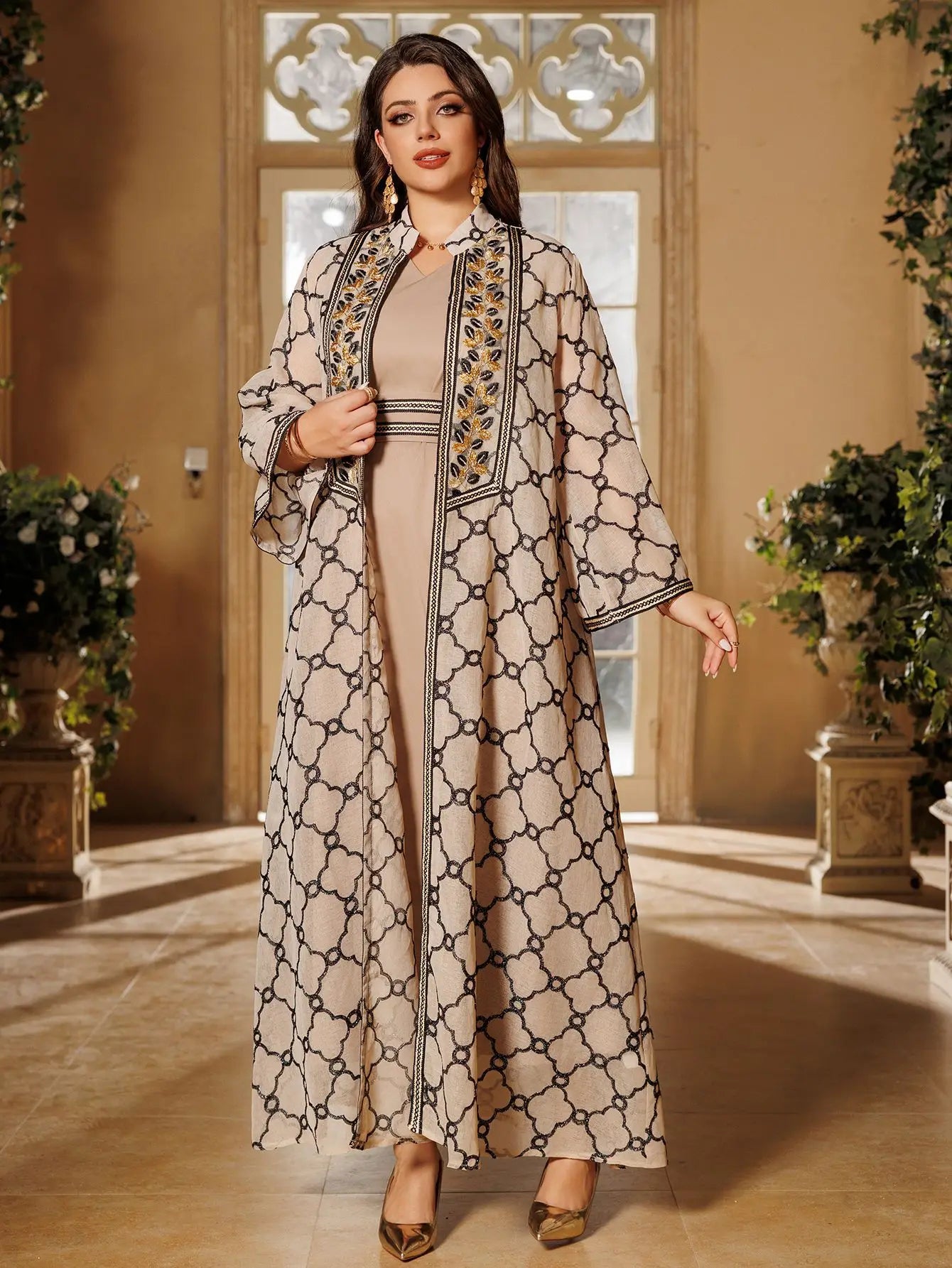 Muslim Dresses 2 Piece Sets for Women Moroccan Kaftan Embroidery Jalabiya Ramadan Dubai Open Abayas Islam Vestidos Cardigan Robe
