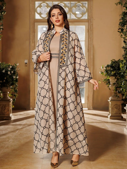 Muslim Dresses 2 Piece Sets for Women Moroccan Kaftan Embroidery Jalabiya Ramadan Dubai Open Abayas Islam Vestidos Cardigan Robe