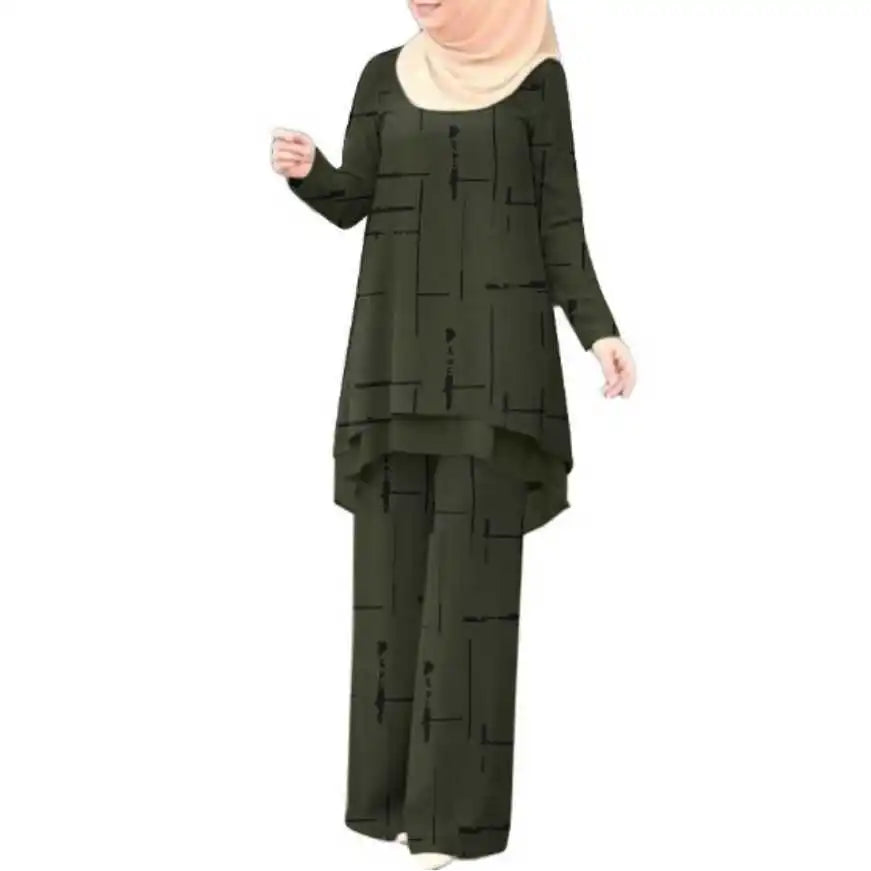 Muslim Women 2 Piece Set Blouse Wide Leg Pants Suit Print Top Trousers Ensemble Ramadan Morocco Dubai Islam Eid Outfits 2026