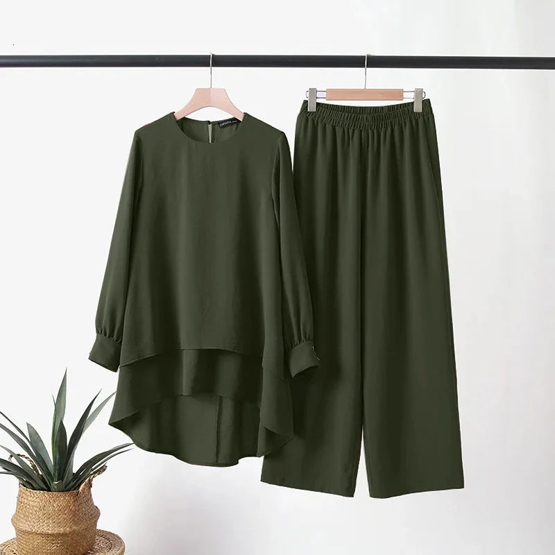 Women Muslim 2 Piece Set Blouse Double Top Wide Leg Pants Suit Morocco Ramadan Casual Ensemble Dubai Arab Trousers Outfits