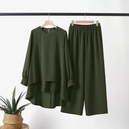 Women Muslim 2 Piece Set Blouse Double Top Wide Leg Pants Suit Morocco Ramadan Casual Ensemble Dubai Arab Trousers Outfits