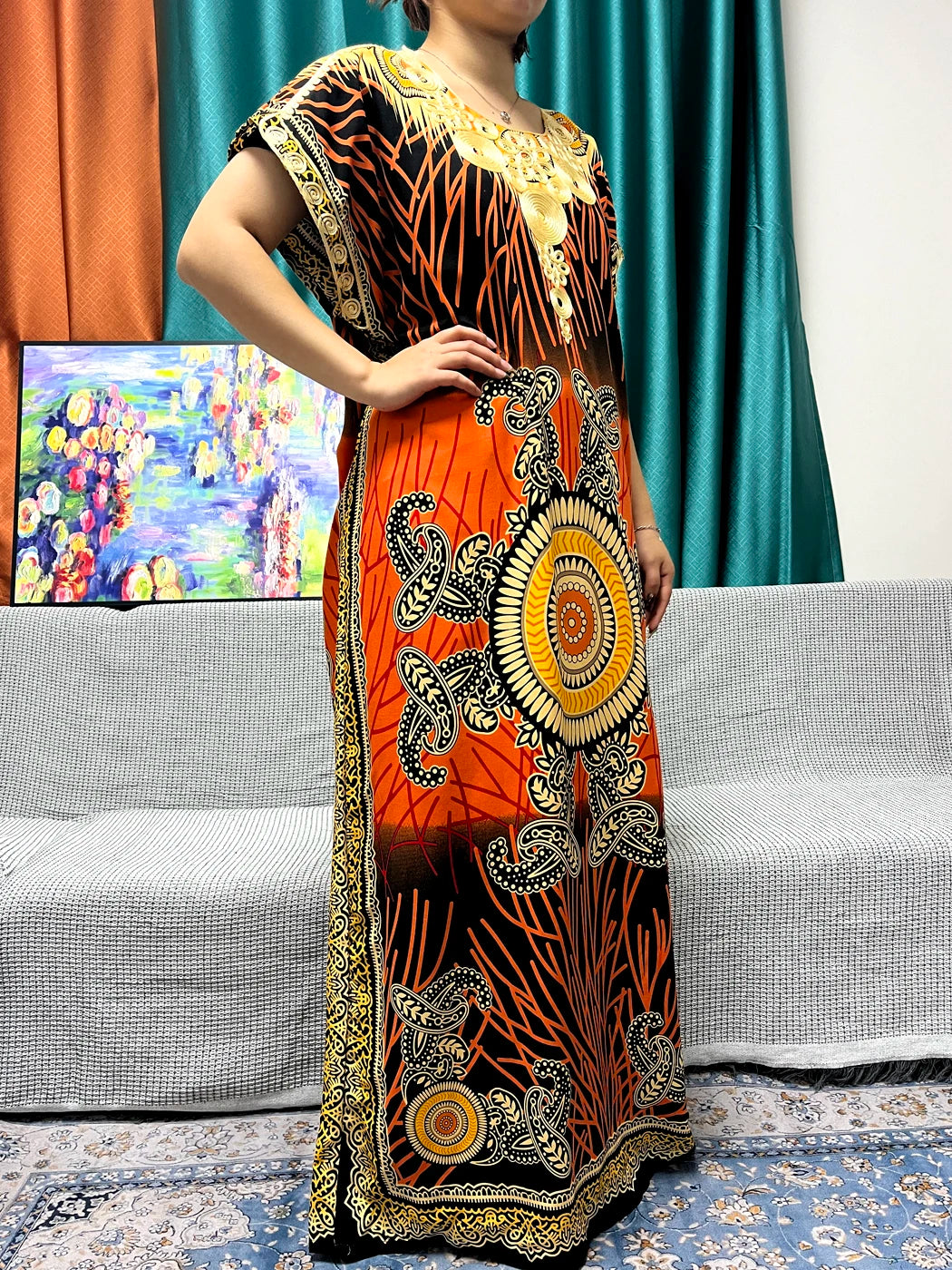 Abayas For Women 2024 New Print Appliques Cotton Traditional Kanga Clothing Loose Femme Robe African Ngeria Dresses With Turban