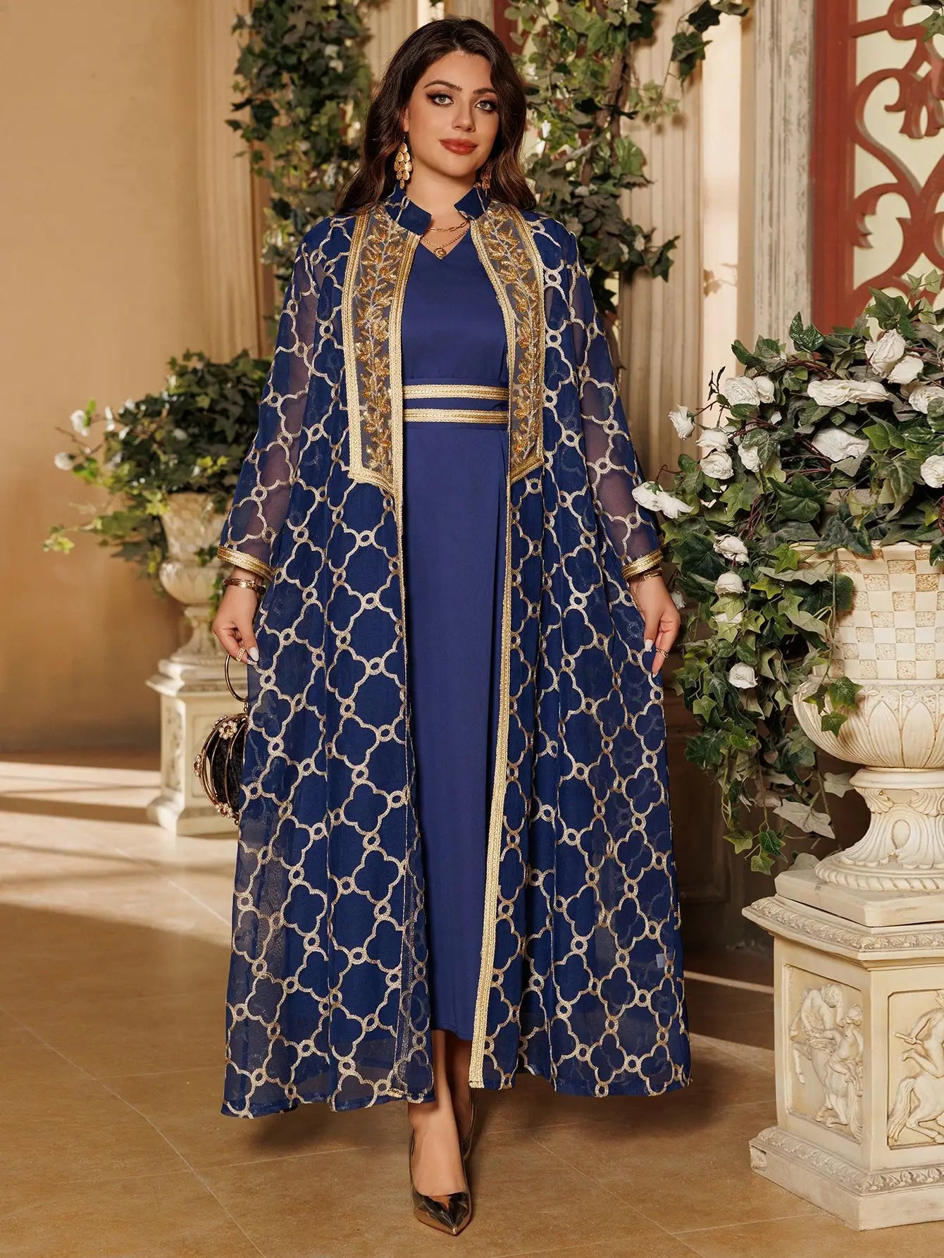 Muslim Dresses 2 Piece Sets for Women Moroccan Kaftan Embroidery Jalabiya Ramadan Dubai Open Abayas Islam Vestidos Cardigan Robe