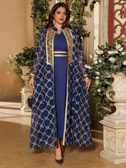 Muslim Dresses 2 Piece Sets for Women Moroccan Kaftan Embroidery Jalabiya Ramadan Dubai Open Abayas Islam Vestidos Cardigan Robe