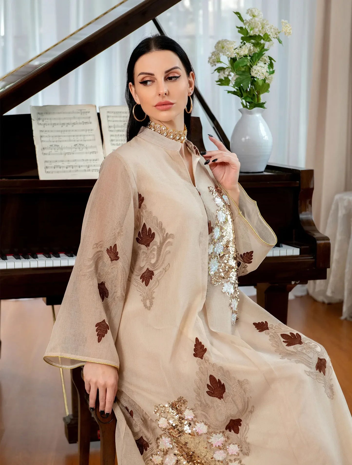 Kaftan Muslim Abaya Clothes for Muslim Women Summer Fashion Muslim Women Long Sleeve V-neck Sequin Long Maxi Dress Dubai Abaya