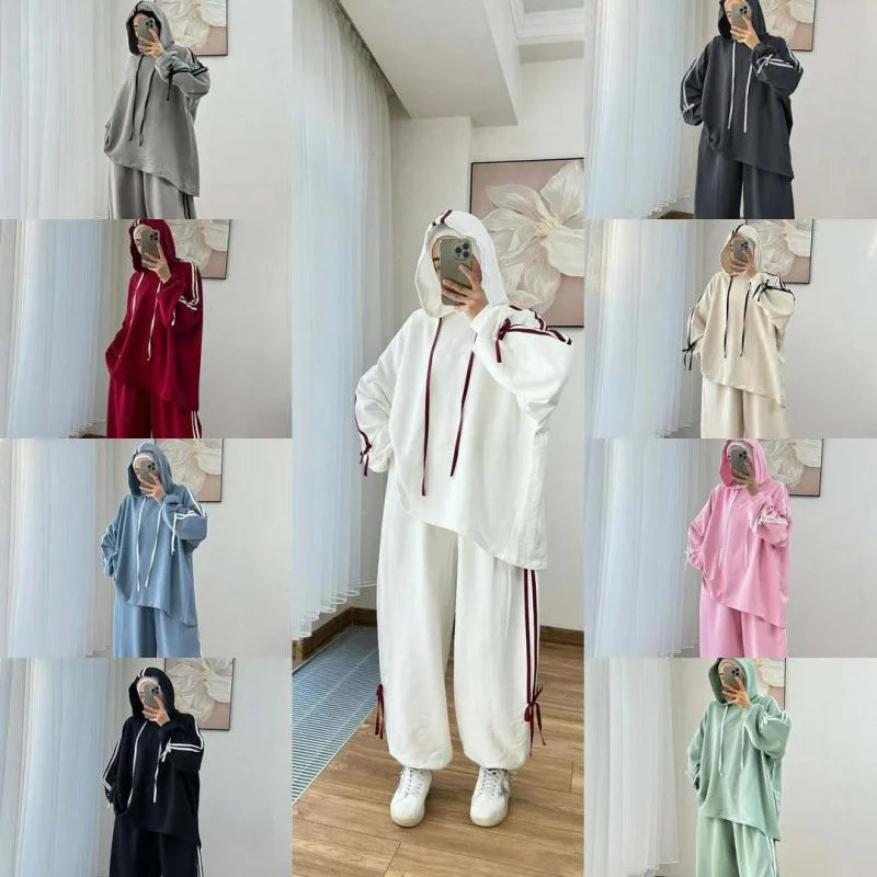 Muslim Suit Women Hoodie Top Wide Leg Pants 2 Piece Set Trousers Hooded sweatshirt Ensemble Sporty Stripe Outfits Tracksuit