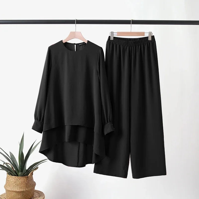 Women Muslim 2 Piece Set Blouse Double Top Wide Leg Pants Suit Morocco Ramadan Casual Ensemble Dubai Arab Trousers Outfits