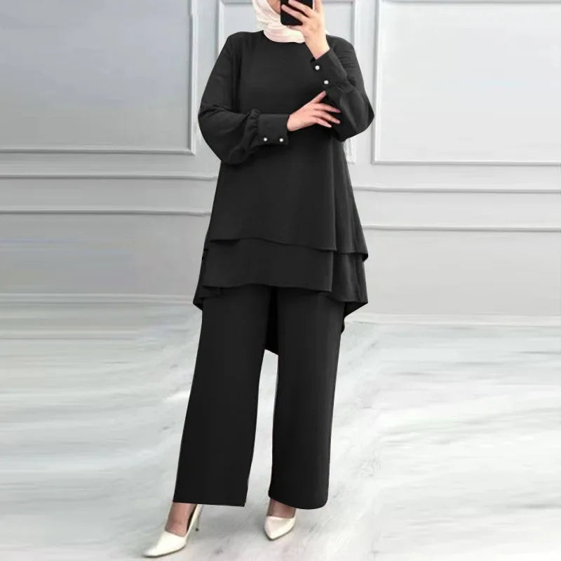 Women Muslim 2 Piece Set Blouse Double Top Wide Leg Pants Suit Morocco Ramadan Casual Ensemble Dubai Arab Trousers Outfits