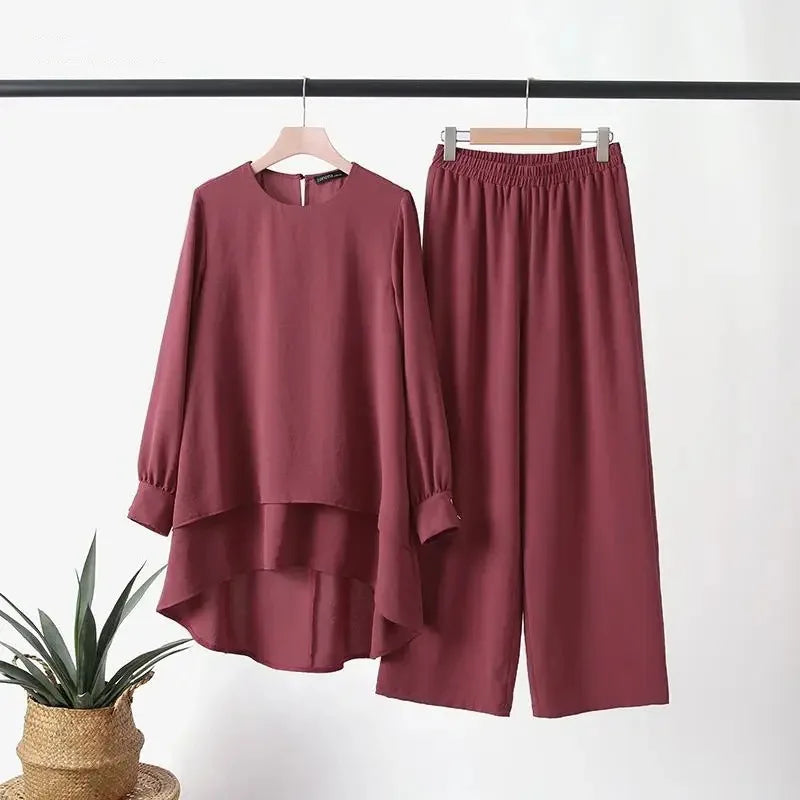 Women Muslim 2 Piece Set Blouse Double Top Wide Leg Pants Suit Morocco Ramadan Casual Ensemble Dubai Arab Trousers Outfits