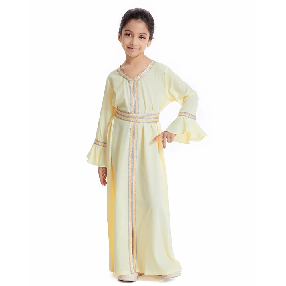 Muslim Kids Girls Maxi Dress Ramadan Eid Djellaba Dubai Abaya Turkey Kaftan Islamic Clothing Arabic Robe Children Prayer Gown