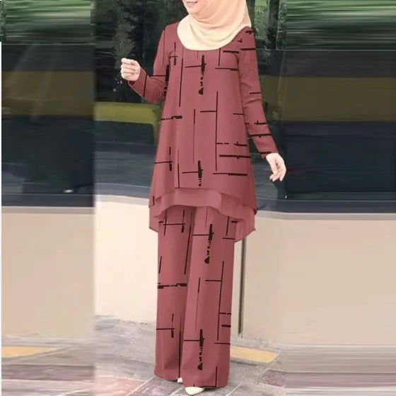 Muslim Women 2 Piece Set Blouse Wide Leg Pants Suit Print Top Trousers Ensemble Ramadan Morocco Dubai Islam Eid Outfits 2026