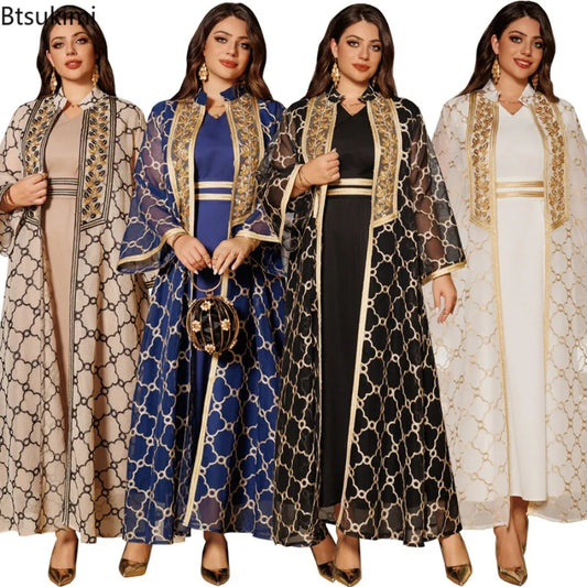 Muslim Dresses 2 Piece Sets for Women Moroccan Kaftan Embroidery Jalabiya Ramadan Dubai Open Abayas Islam Vestidos Cardigan Robe