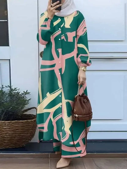 Women Muslim Matching Sets Retro Floral Print Long-style Shirt & Wide Leg Pants Sets Fashion Muslim Female Suit Dubai Tracksuits